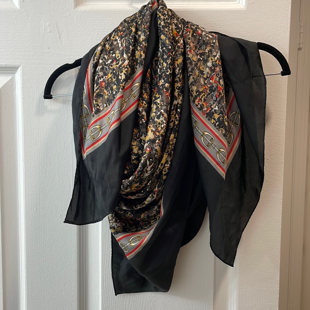 Navy patterned silky scarf